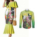 Australian Native Birds Couples Matching Mermaid Dress and Long Sleeve Button Shirt Art Dot Painting Pattern