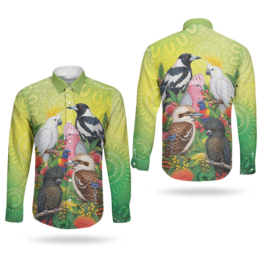 Australian Native Birds Couples Matching Mermaid Dress and Long Sleeve Button Shirt Art Dot Painting Pattern