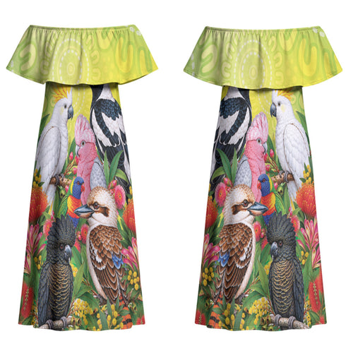 Australian Native Birds Couples Matching Off Shoulder Maxi Dress and Long Sleeve Button Shirt Art Dot Painting Pattern