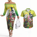 Australian Native Birds Couples Matching Off The Shoulder Long Sleeve Dress and Hawaiian Shirt Art Dot Painting Pattern