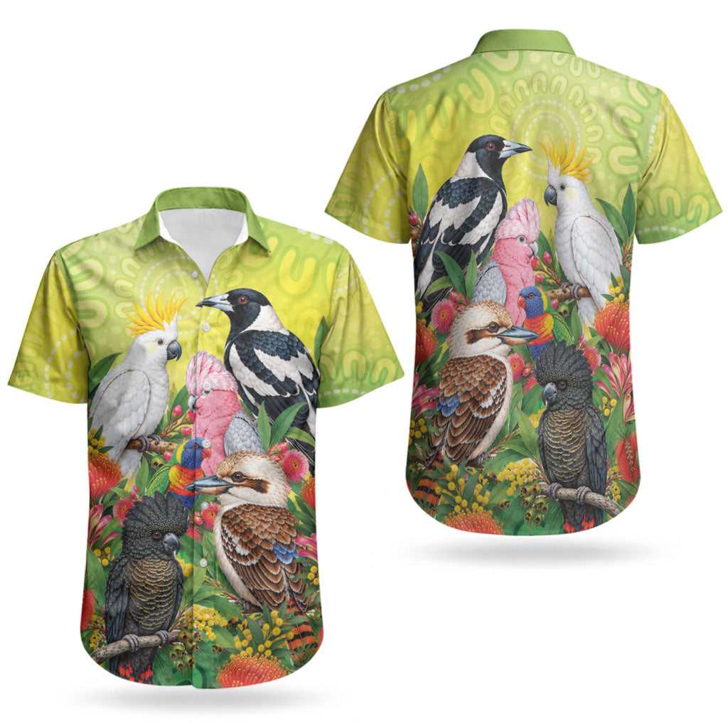 Australian Native Birds Couples Matching Off The Shoulder Long Sleeve Dress and Hawaiian Shirt Art Dot Painting Pattern