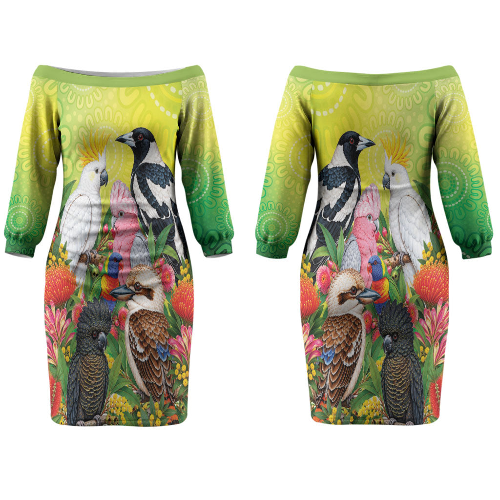 Australian Native Birds Couples Matching Off The Shoulder Long Sleeve Dress and Hawaiian Shirt Art Dot Painting Pattern