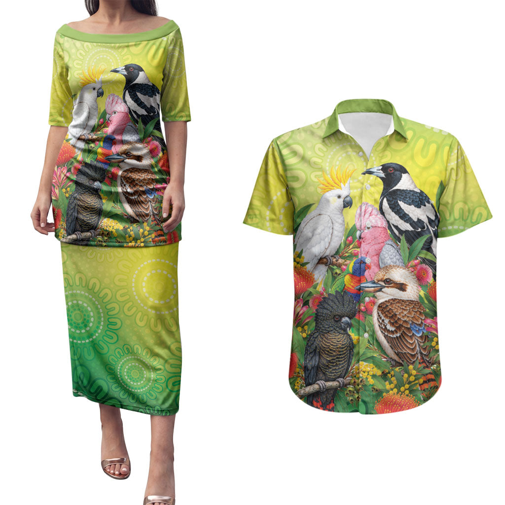 Australian Native Birds Couples Matching Puletasi and Hawaiian Shirt Art Dot Painting Pattern