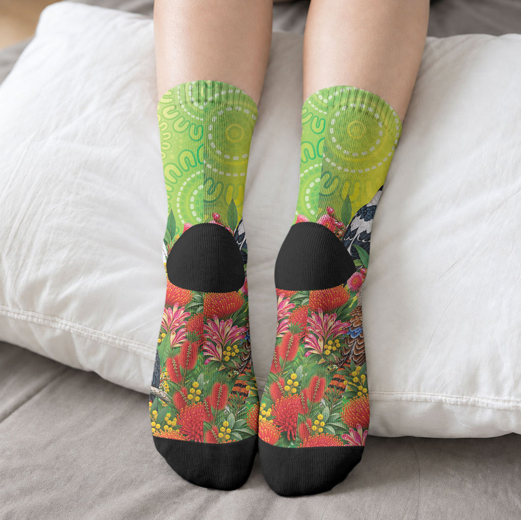 Australian Native Birds Crew Socks Art Dot Painting Pattern