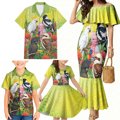 Australian Native Birds Family Matching Mermaid Dress and Hawaiian Shirt Art Dot Painting Pattern