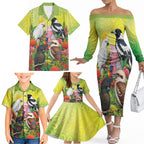 Australian Native Birds Family Matching Off The Shoulder Long Sleeve Dress and Hawaiian Shirt Art Dot Painting Pattern