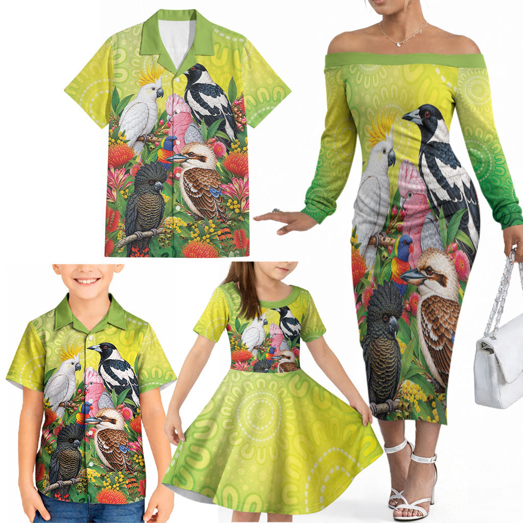 Australian Native Birds Family Matching Off The Shoulder Long Sleeve Dress and Hawaiian Shirt Art Dot Painting Pattern
