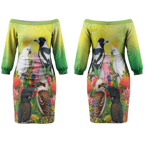 Australian Native Birds Family Matching Off The Shoulder Long Sleeve Dress and Hawaiian Shirt Art Dot Painting Pattern