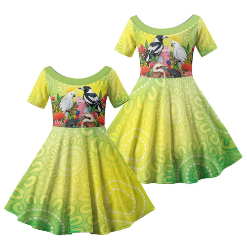 Australian Native Birds Family Matching Off The Shoulder Long Sleeve Dress and Hawaiian Shirt Art Dot Painting Pattern