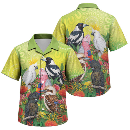 Australian Native Birds Family Matching Off The Shoulder Long Sleeve Dress and Hawaiian Shirt Art Dot Painting Pattern