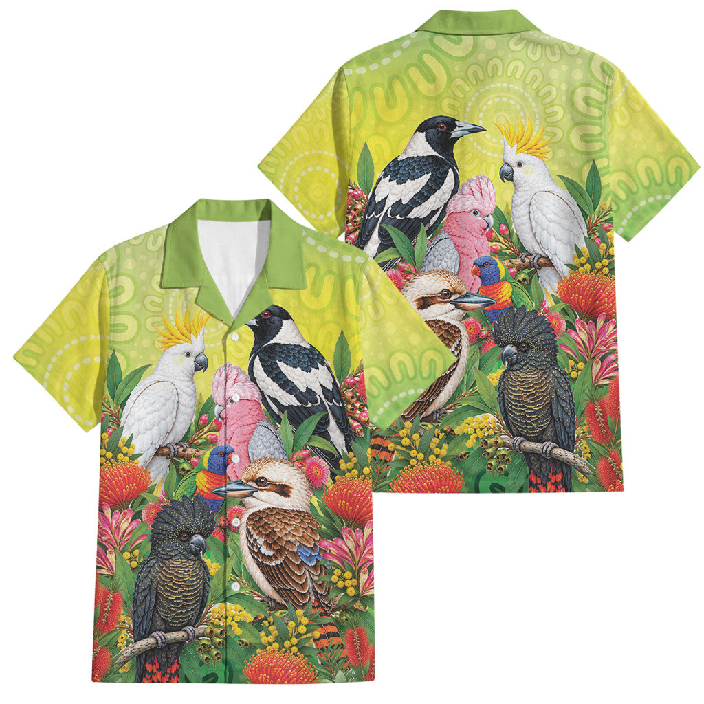 Australian Native Birds Family Matching Off Shoulder Short Dress and Hawaiian Shirt Art Dot Painting Pattern