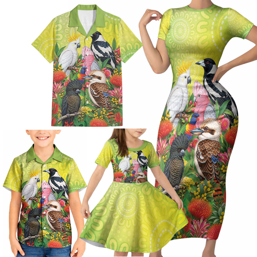 Australian Native Birds Family Matching Short Sleeve Bodycon Dress and Hawaiian Shirt Art Dot Painting Pattern
