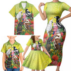 Australian Native Birds Family Matching Short Sleeve Bodycon Dress and Hawaiian Shirt Art Dot Painting Pattern