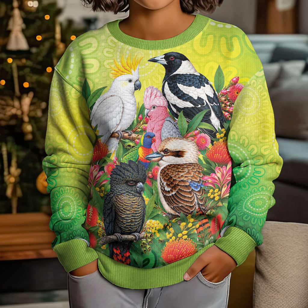Australian Native Birds Kid Ugly Christmas Sweater Art Dot Painting Pattern