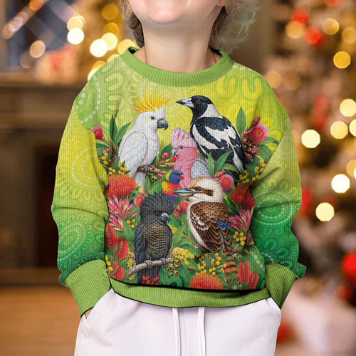 Australian Native Birds Kid Ugly Christmas Sweater Art Dot Painting Pattern