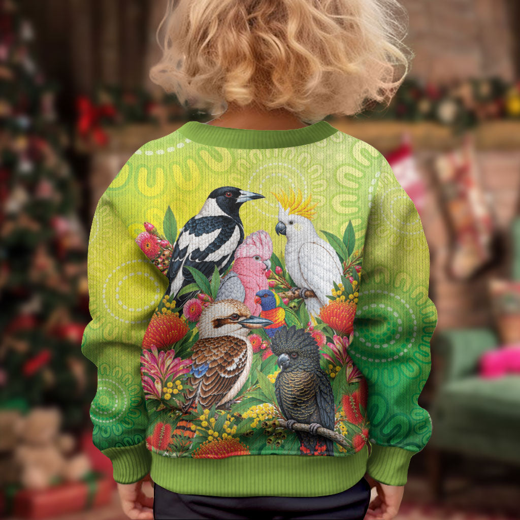 Australian Native Birds Kid Ugly Christmas Sweater Art Dot Painting Pattern