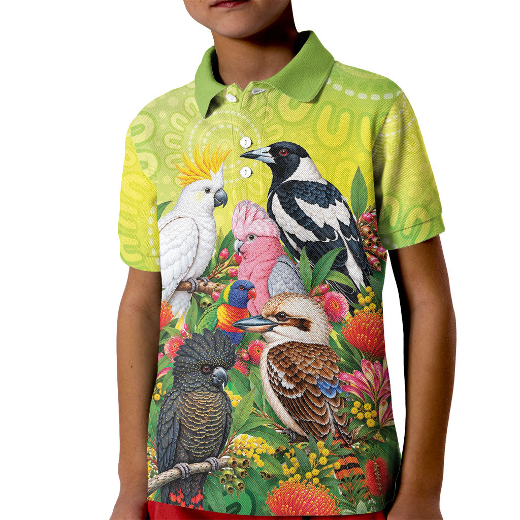Australian Native Birds Kid Polo Shirt Art Dot Painting Pattern