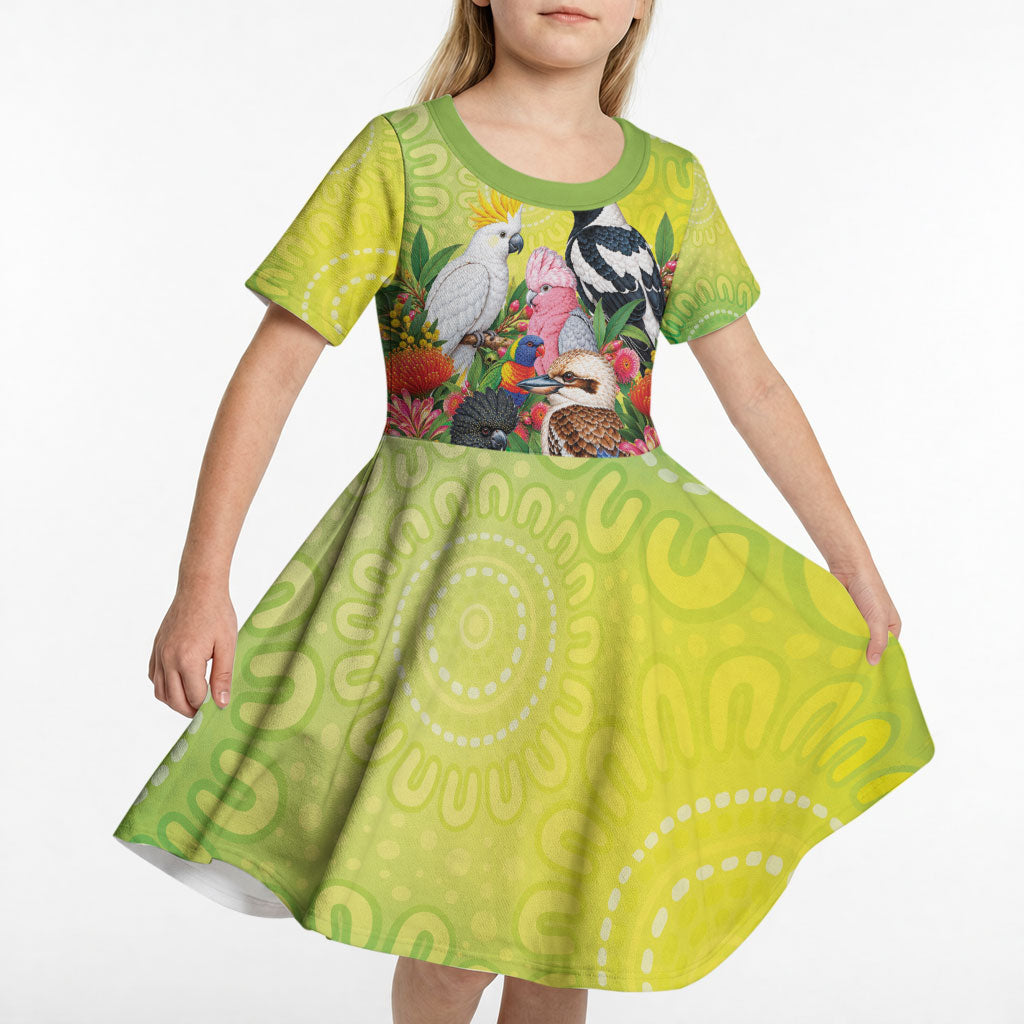 Australian Native Birds Kid Short Sleeve Dress Art Dot Painting Pattern