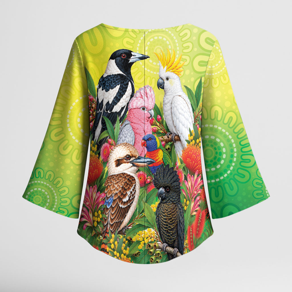 Australian Native Birds Kimono Sleeve Blouse Art Dot Painting Pattern