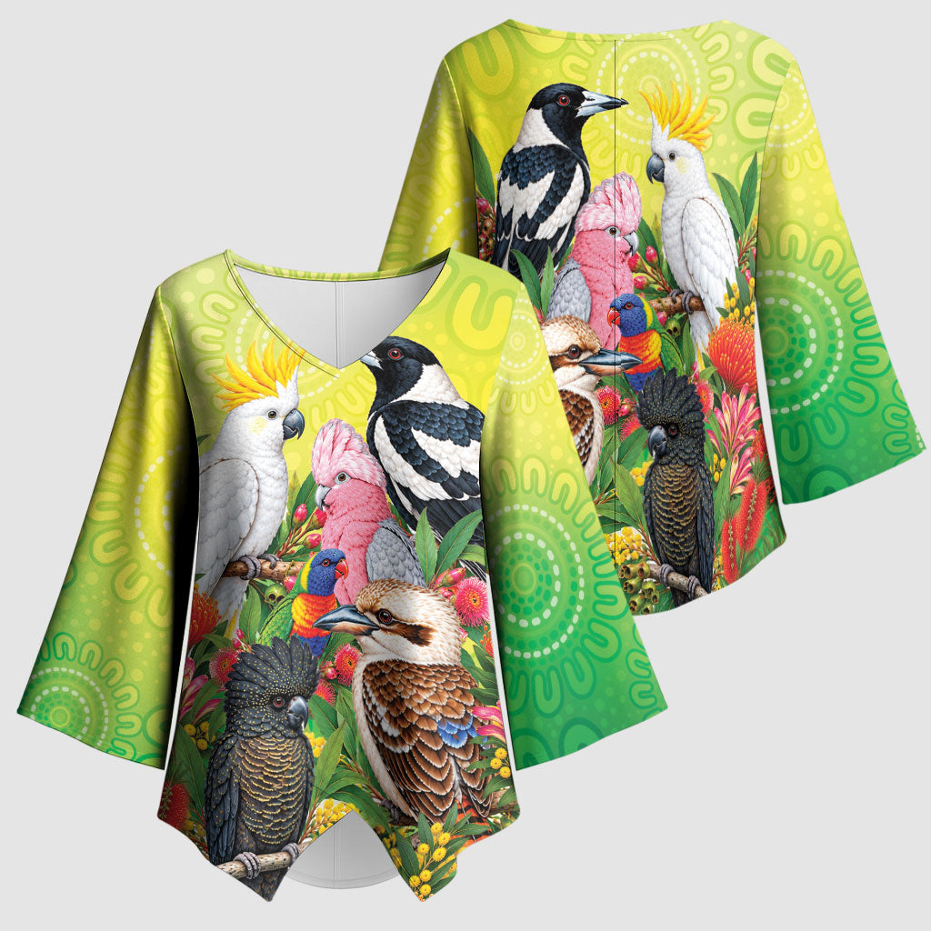 Australian Native Birds Kimono Sleeve Blouse Art Dot Painting Pattern