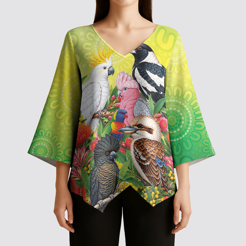 Australian Native Birds Kimono Sleeve Blouse Art Dot Painting Pattern