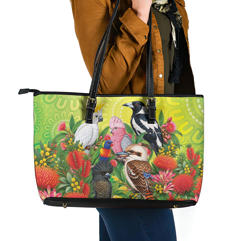 Australian Native Birds Leather Tote Bag Art Dot Painting Pattern