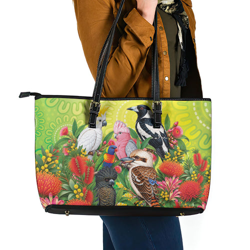 Australian Native Birds Leather Tote Bag Art Dot Painting Pattern