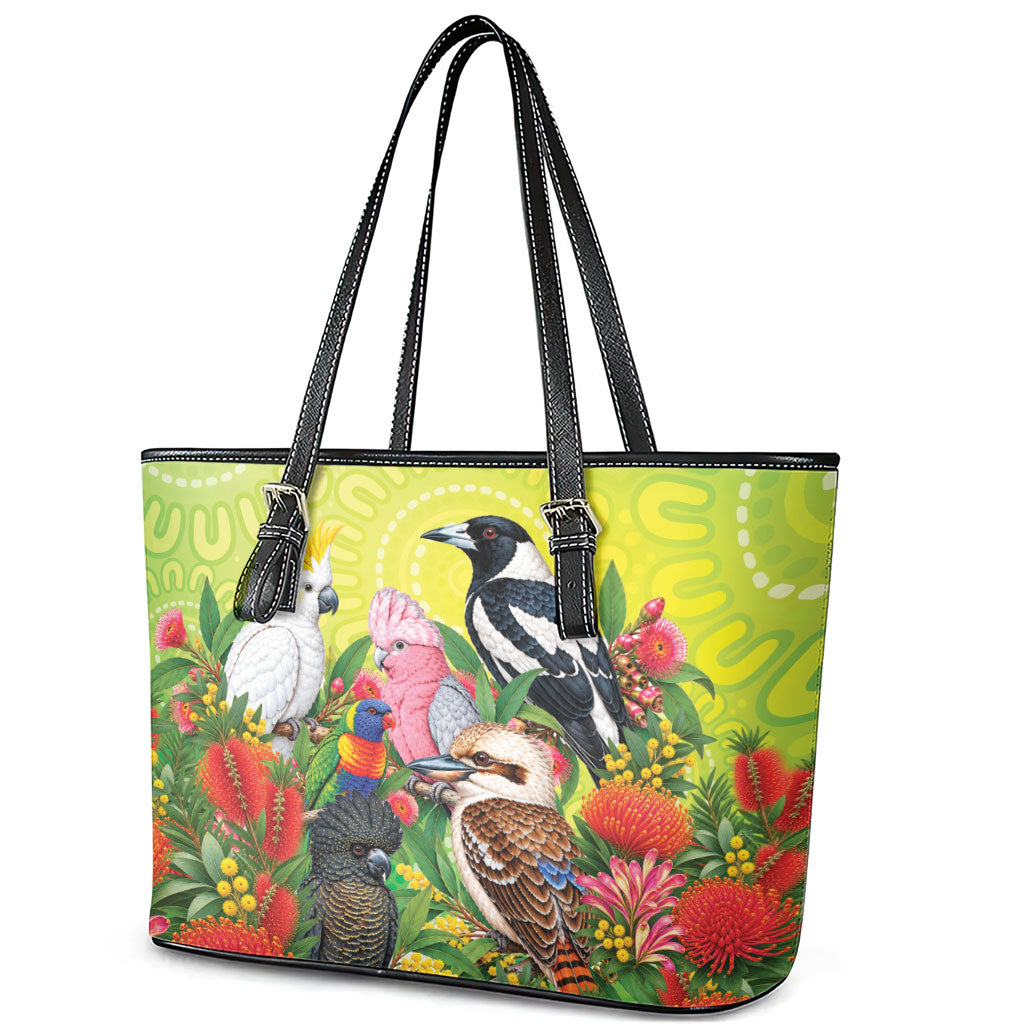 Australian Native Birds Leather Tote Bag Art Dot Painting Pattern