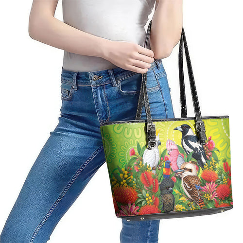 Australian Native Birds Leather Tote Bag Art Dot Painting Pattern