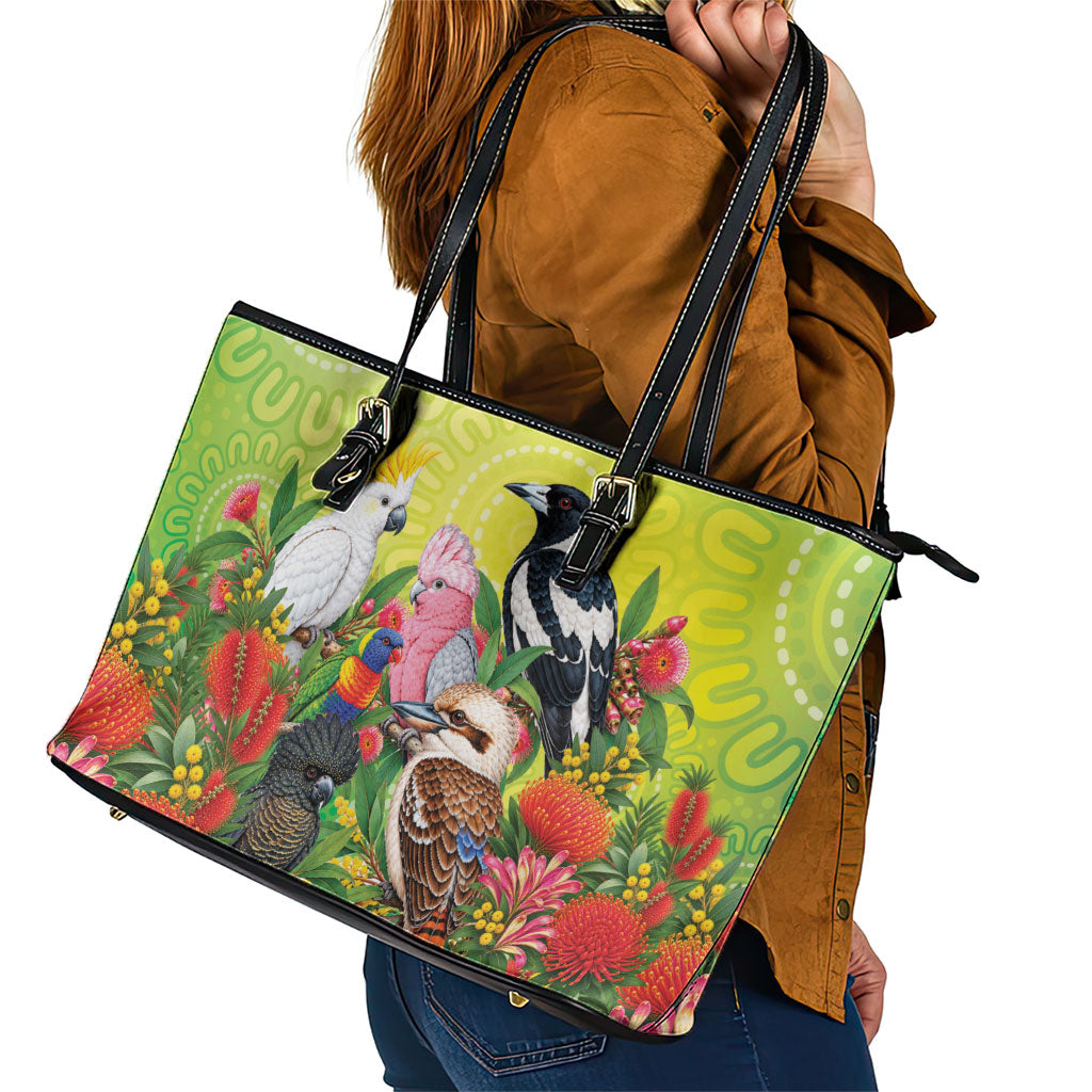 Australian Native Birds Leather Tote Bag Art Dot Painting Pattern