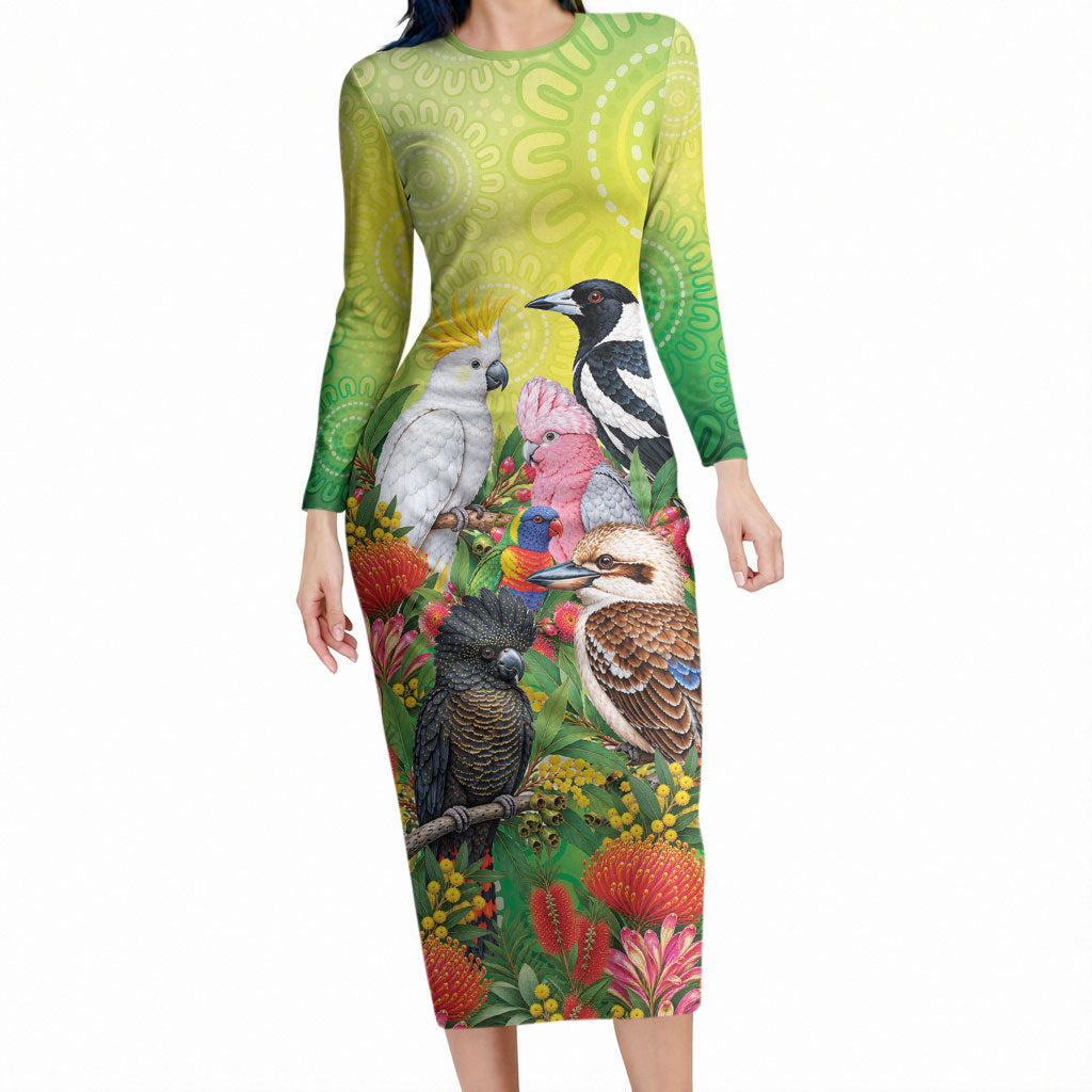Australian Native Birds Long Sleeve Bodycon Dress Art Dot Painting Pattern