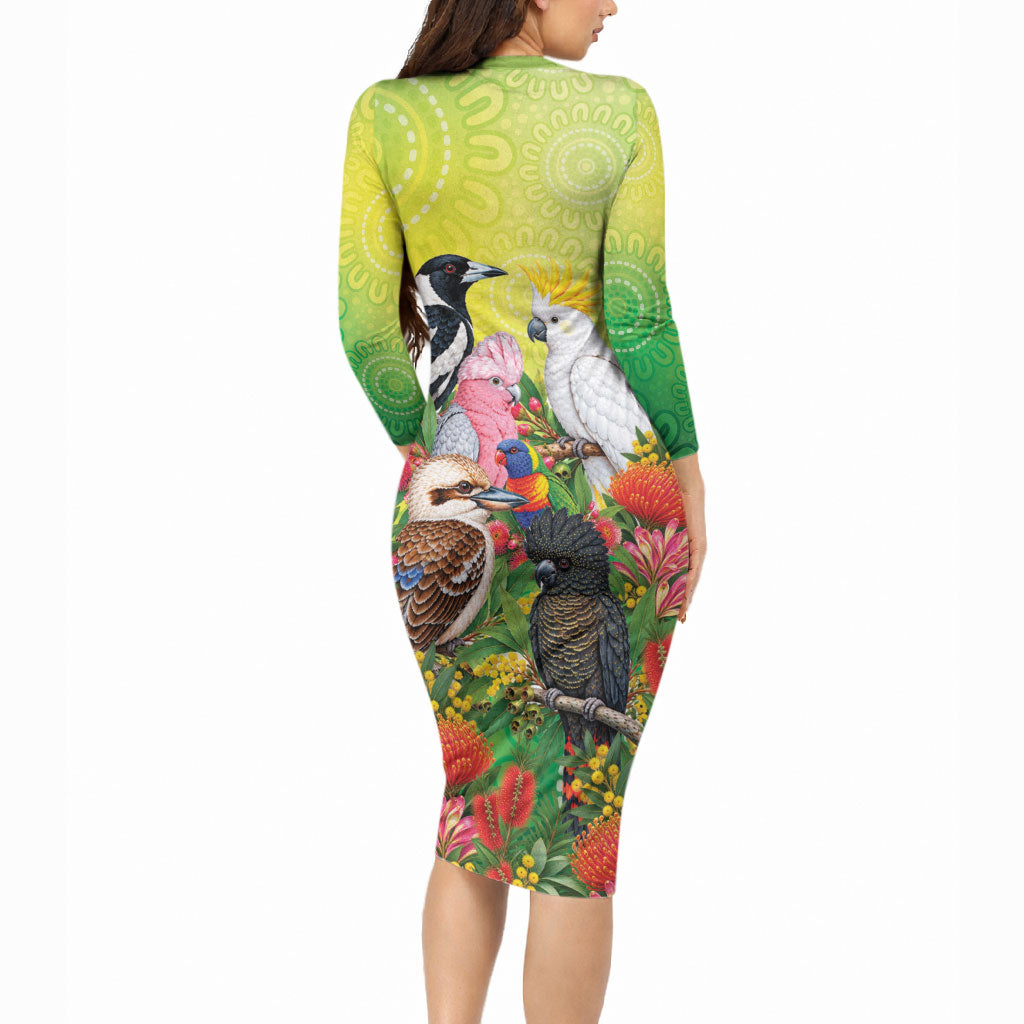 Australian Native Birds Long Sleeve Bodycon Dress Art Dot Painting Pattern