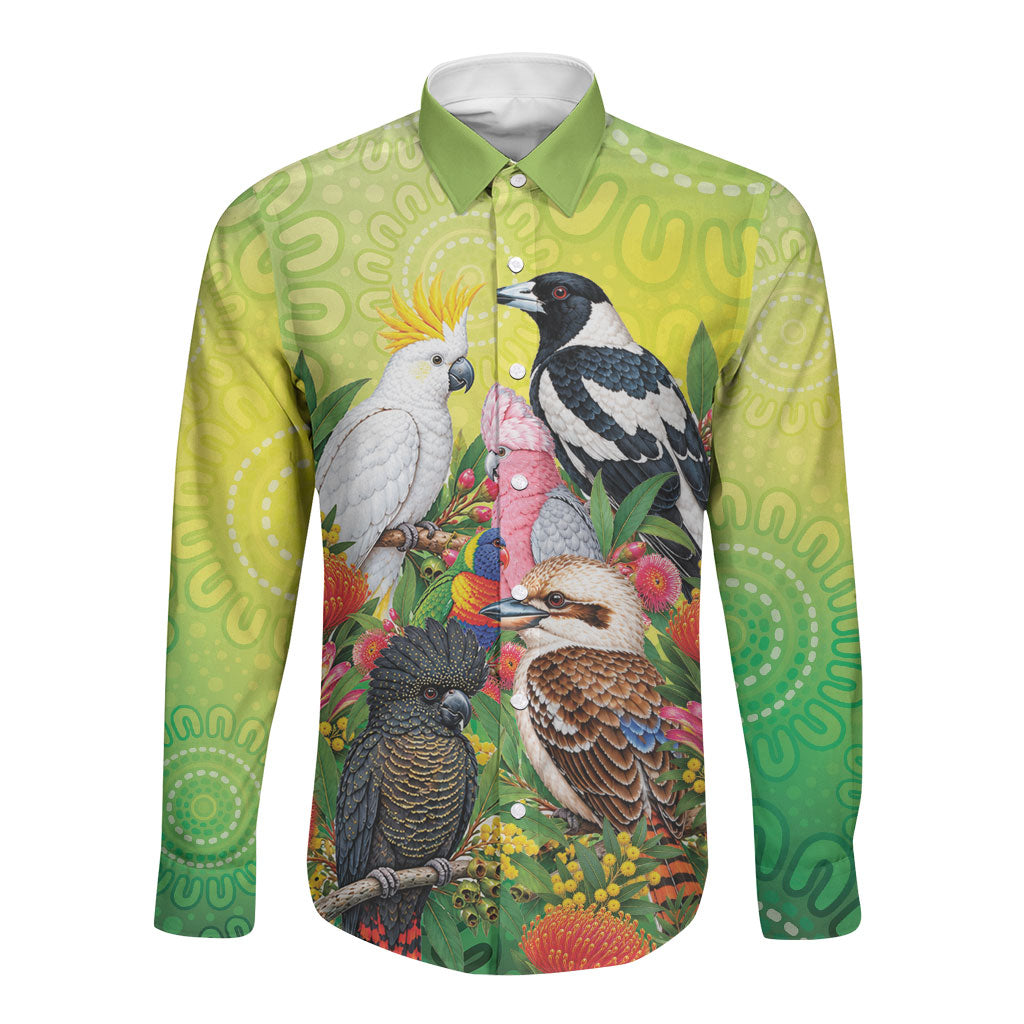 Australian Native Birds Long Sleeve Button Shirt Art Dot Painting Pattern
