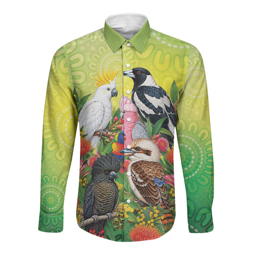 Australian Native Birds Long Sleeve Button Shirt Art Dot Painting Pattern