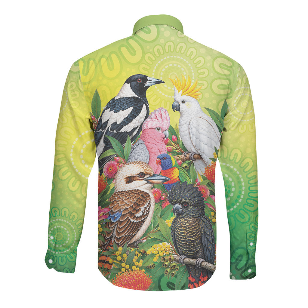 Australian Native Birds Long Sleeve Button Shirt Art Dot Painting Pattern