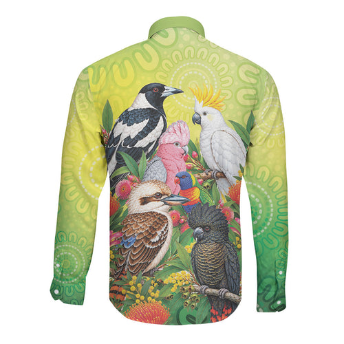 Australian Native Birds Long Sleeve Button Shirt Art Dot Painting Pattern