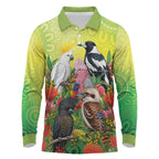 Australian Native Birds Long Sleeve Polo Shirt Art Dot Painting Pattern