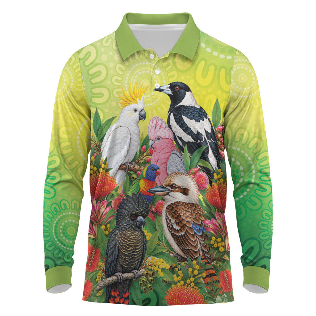Australian Native Birds Long Sleeve Polo Shirt Art Dot Painting Pattern