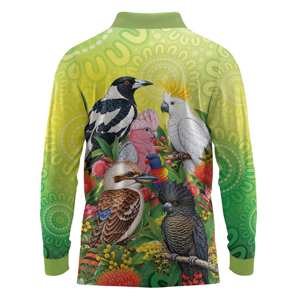 Australian Native Birds Long Sleeve Polo Shirt Art Dot Painting Pattern