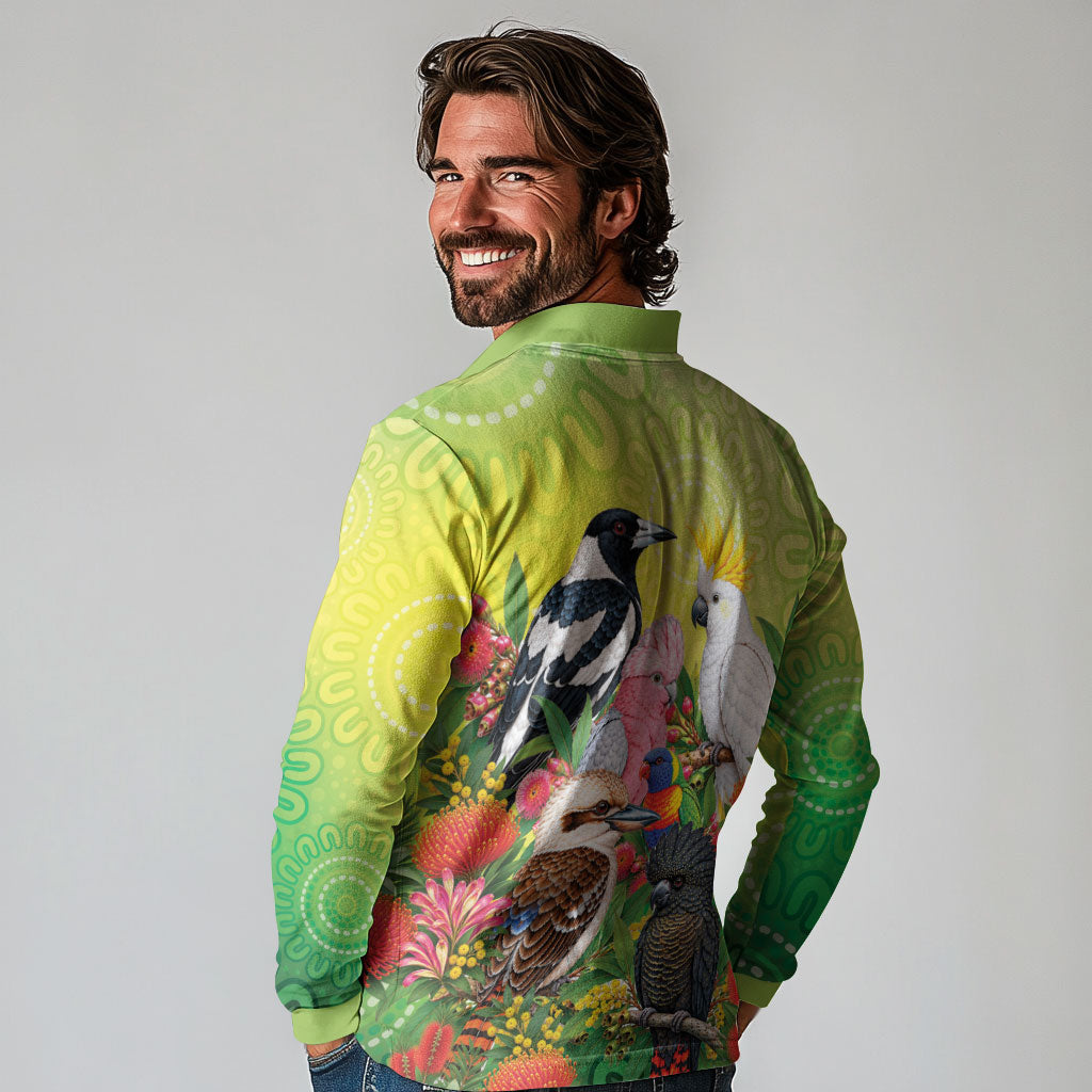 Australian Native Birds Long Sleeve Polo Shirt Art Dot Painting Pattern