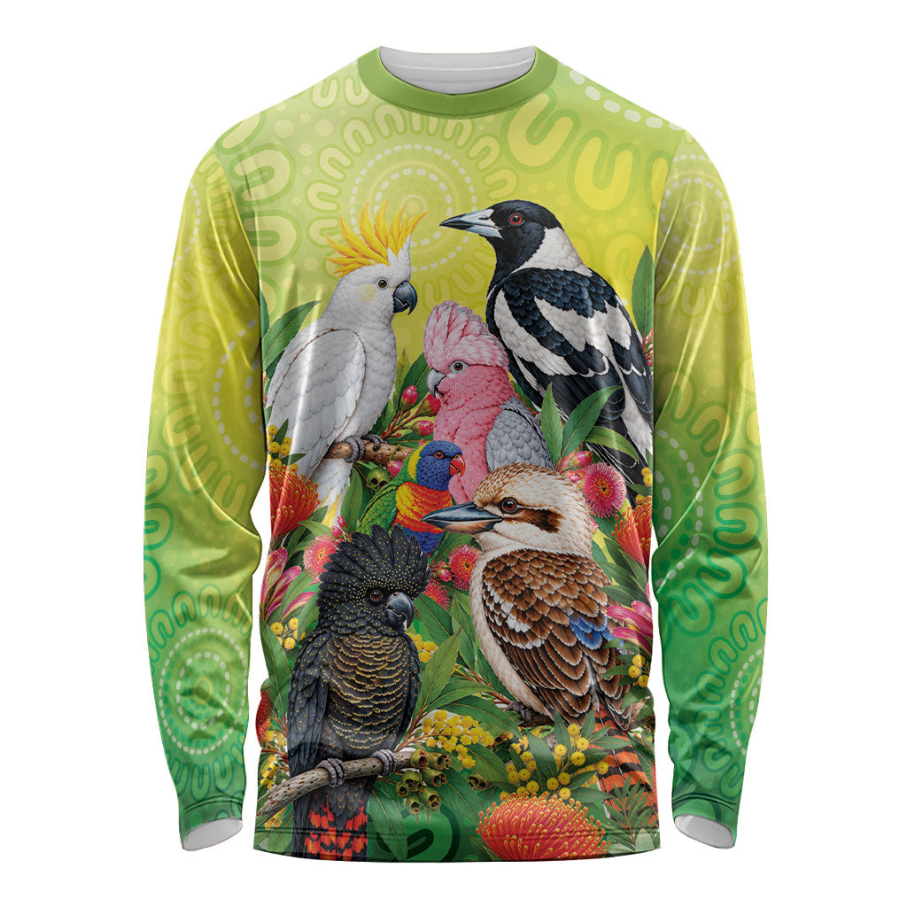 Australian Native Birds Long Sleeve Shirt Art Dot Painting Pattern