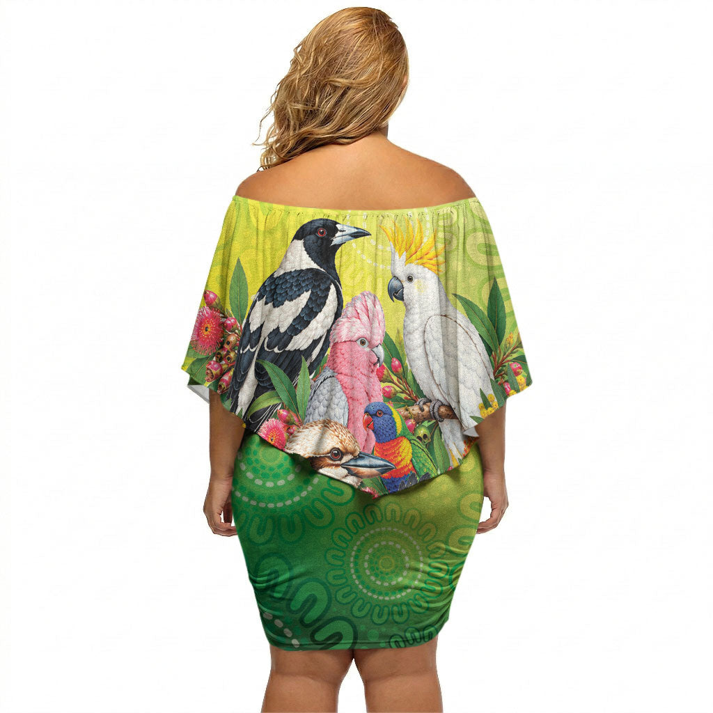 Australian Native Birds Off Shoulder Short Dress Art Dot Painting Pattern