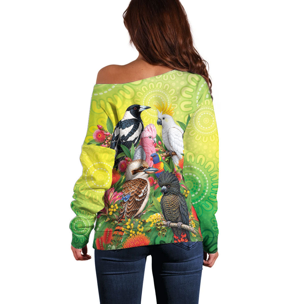 Australian Native Birds Off Shoulder Sweater Art Dot Painting Pattern