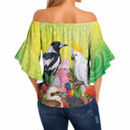 Australian Native Birds Off Shoulder Wrap Waist Top Art Dot Painting Pattern