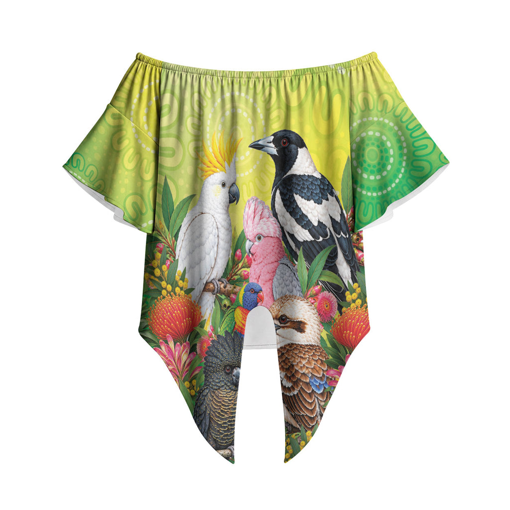 Australian Native Birds Off Shoulder Wrap Waist Top Art Dot Painting Pattern