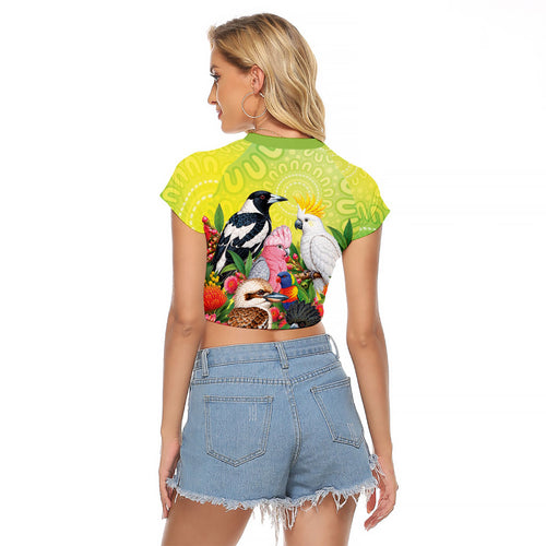 Australian Native Birds Raglan Cropped T Shirt Art Dot Painting Pattern
