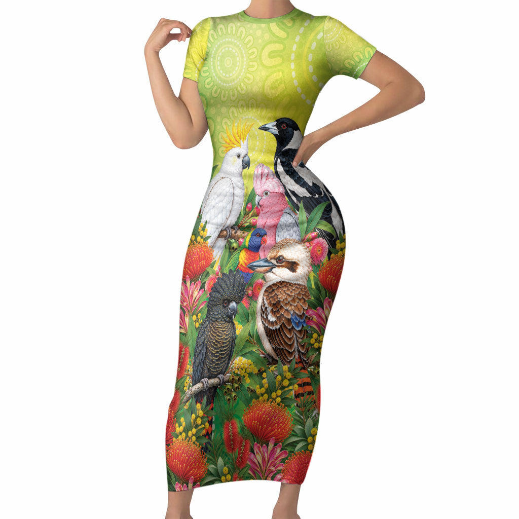 Australian Native Birds Short Sleeve Bodycon Dress Art Dot Painting Pattern