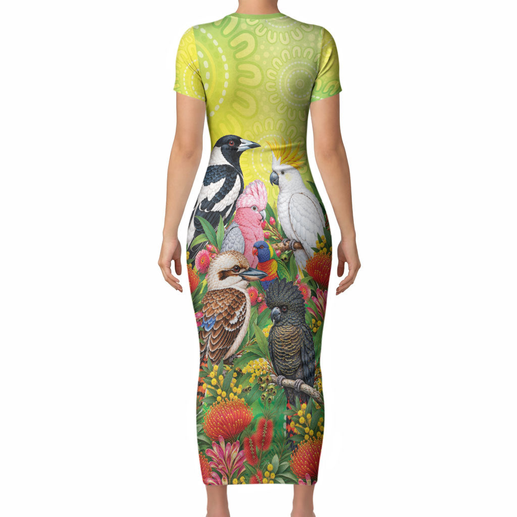 Australian Native Birds Short Sleeve Bodycon Dress Art Dot Painting Pattern