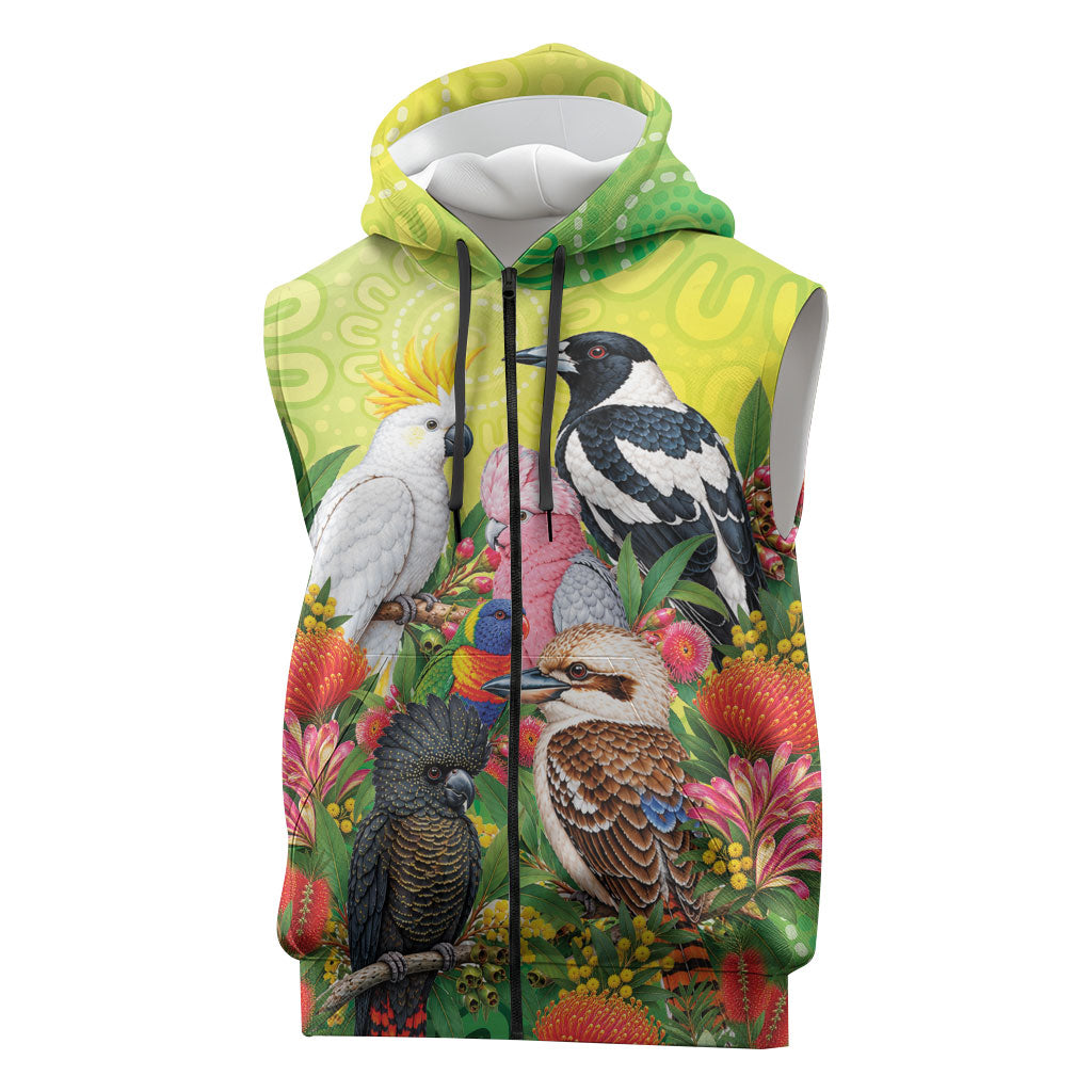 Australian Native Birds Sleeveless Zip Hoodie Art Dot Painting Pattern
