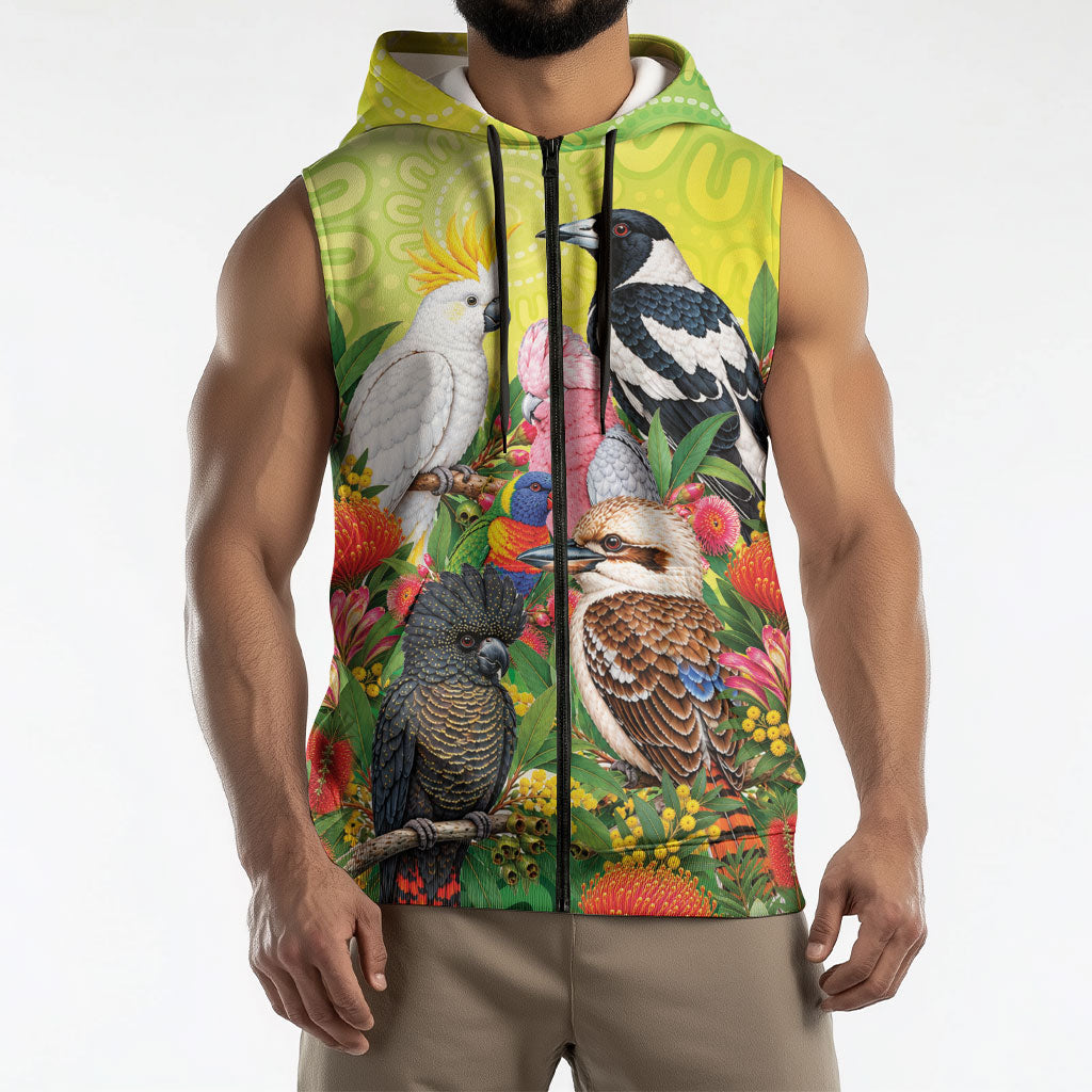 Australian Native Birds Sleeveless Zip Hoodie Art Dot Painting Pattern
